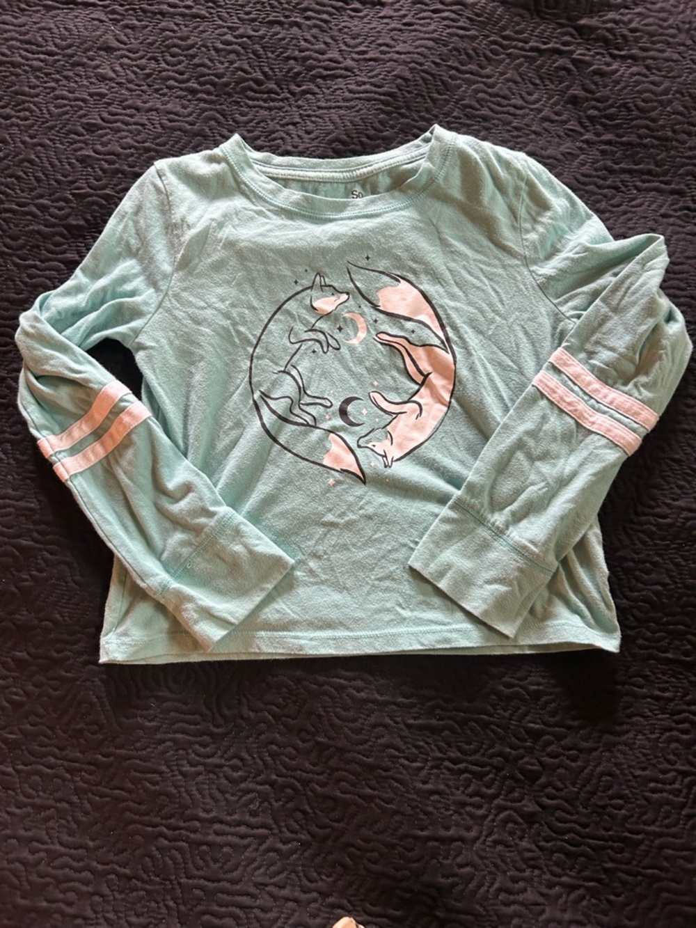 Turquoise Green Long Sleeve Tee with White Fox Moon Graphic